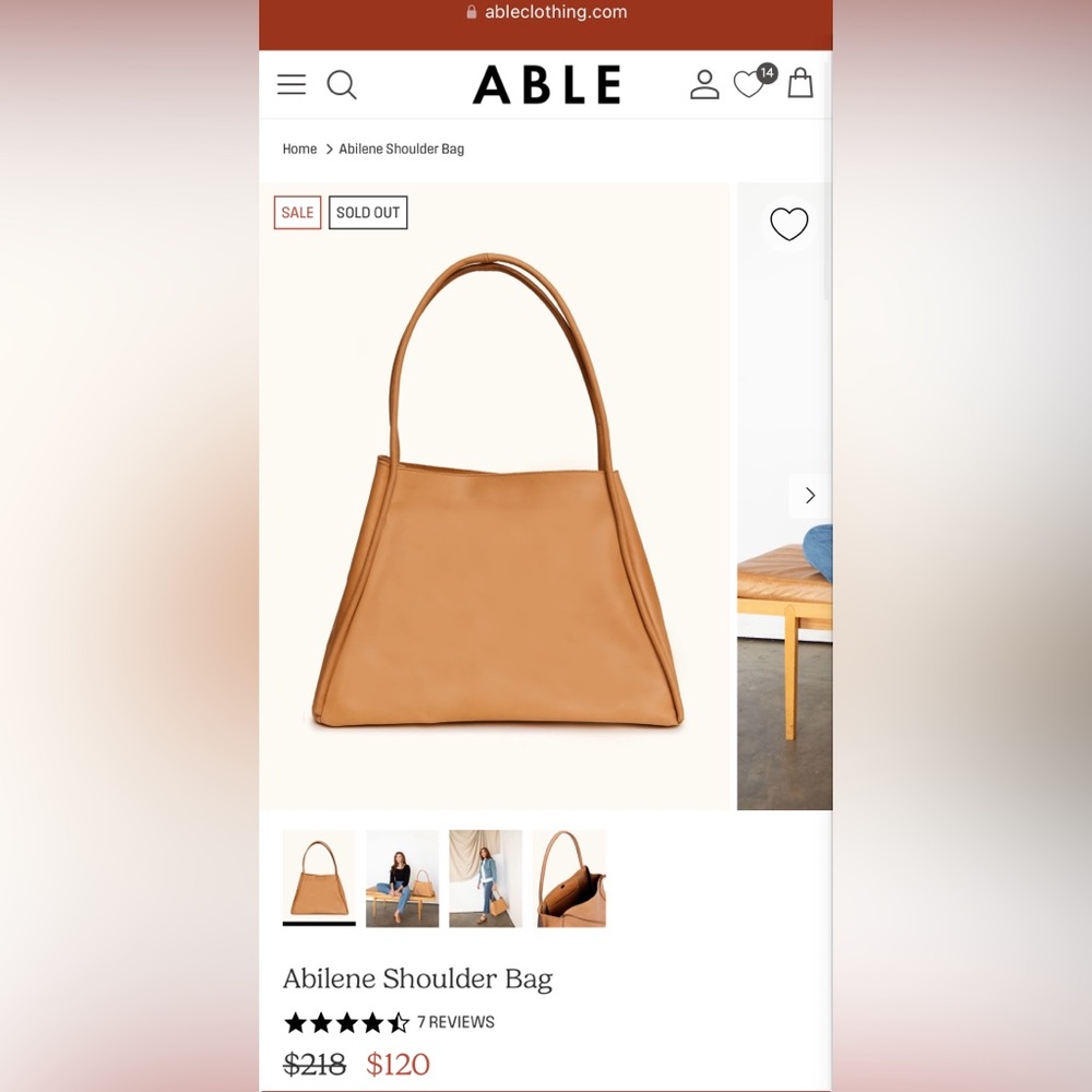 ABLE Abilene shoulder tote bag. Leather. Light tan. NWT.